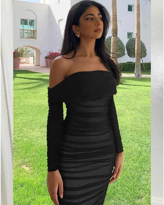 Belvari -  Ruffle Long Sleeve Off Shoulder Mini Dress