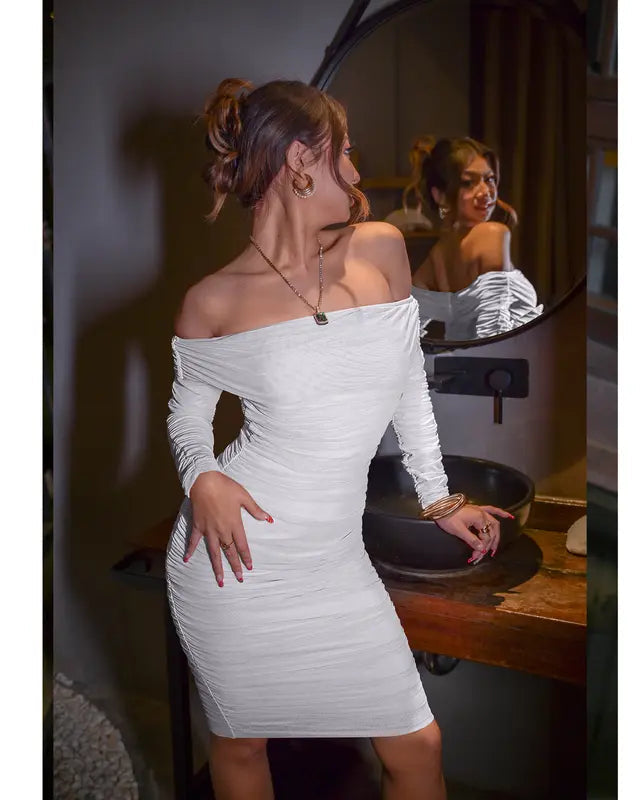 Belvari -  Ruffle Long Sleeve Off Shoulder Mini Dress