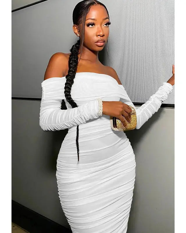 Belvari -  Ruffle Long Sleeve Off Shoulder Mini Dress