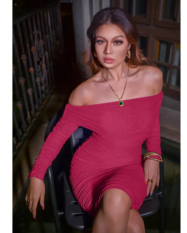 Belvari -  Ruffle Long Sleeve Off Shoulder Mini Dress