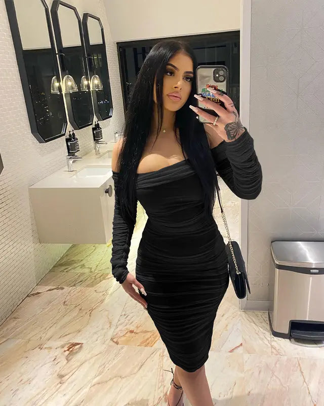 Belvari -  Ruffle Long Sleeve Off Shoulder Mini Dress