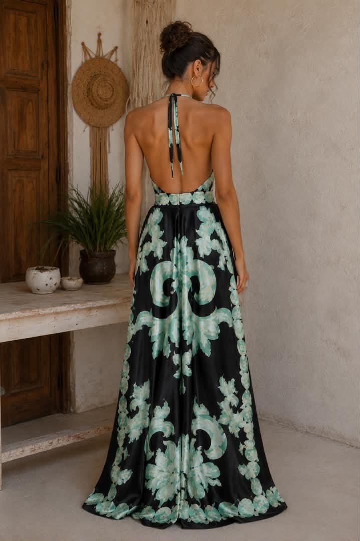‏Belvari Noir Bloom Halter Maxi Dress