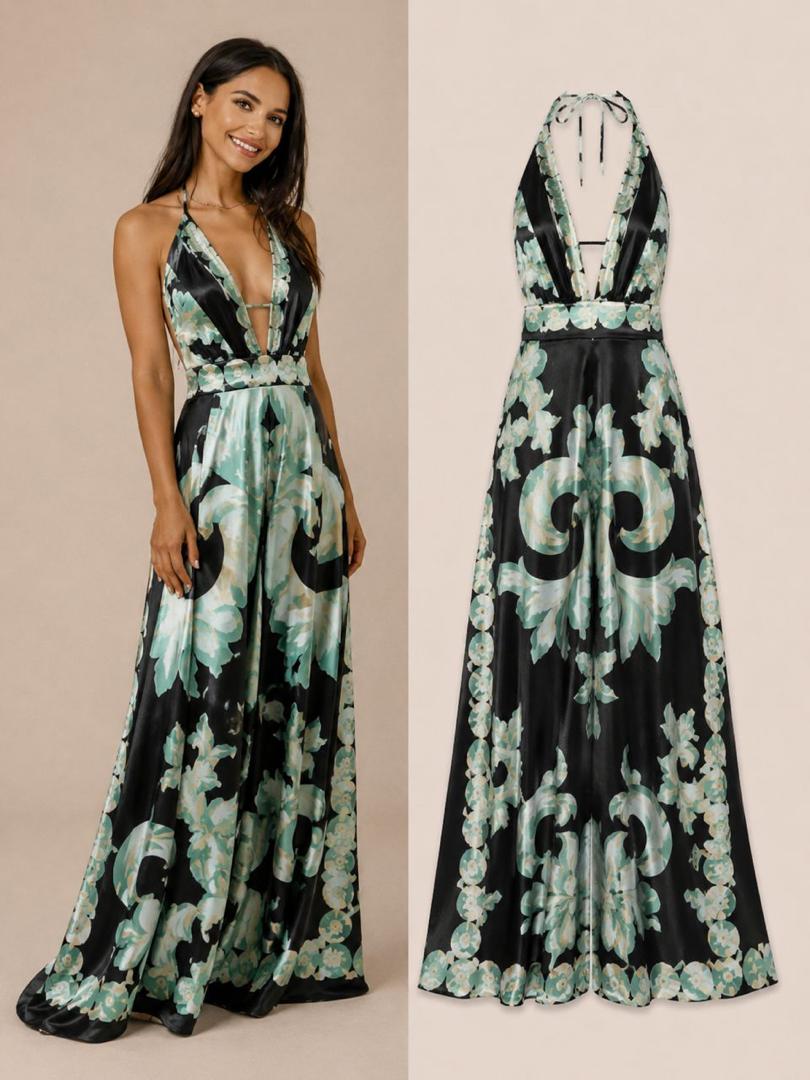‏Belvari Noir Bloom Halter Maxi Dress