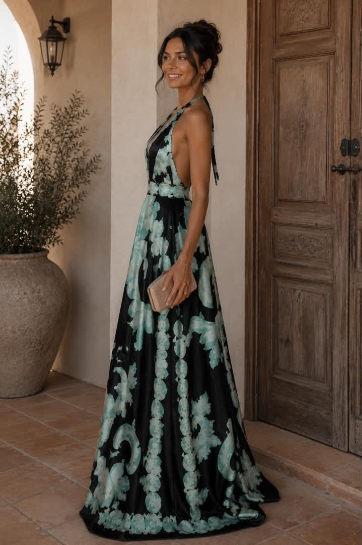 ‏Belvari Noir Bloom Halter Maxi Dress