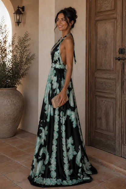 ‏Belvari Noir Bloom Halter Maxi Dress