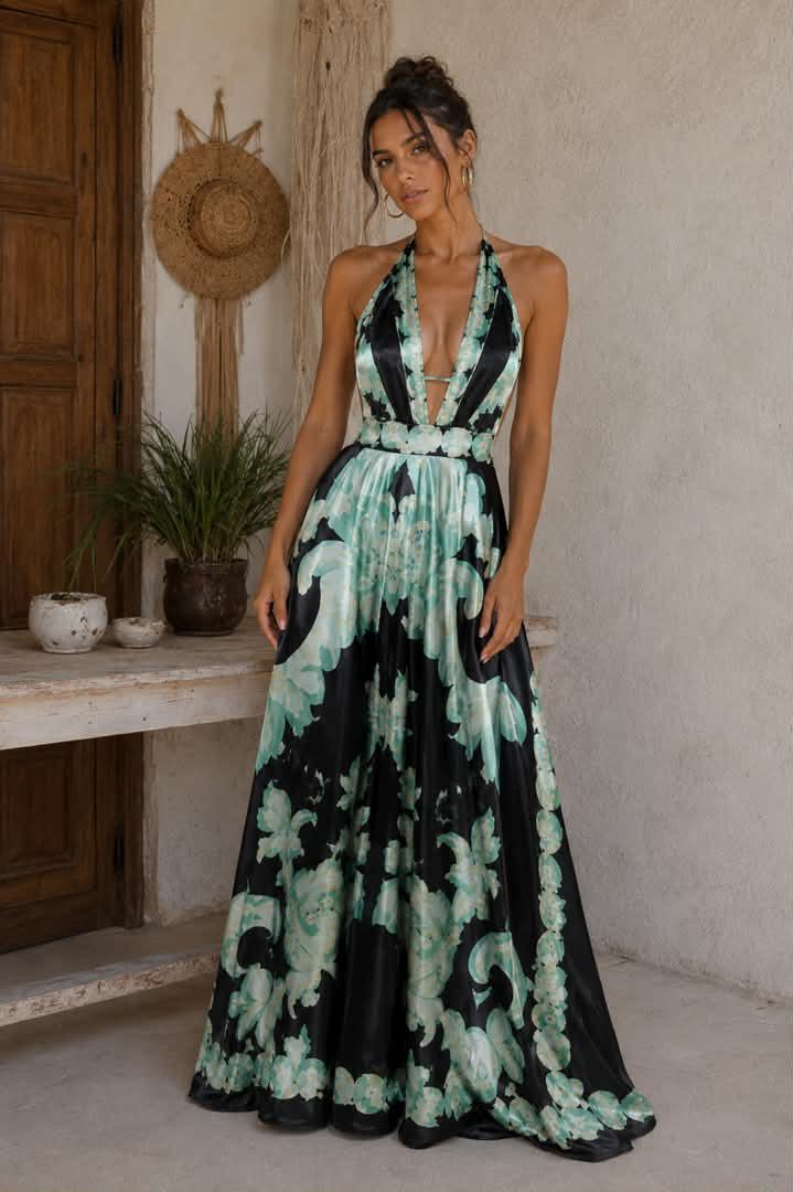 ‏Belvari Noir Bloom Halter Maxi Dress