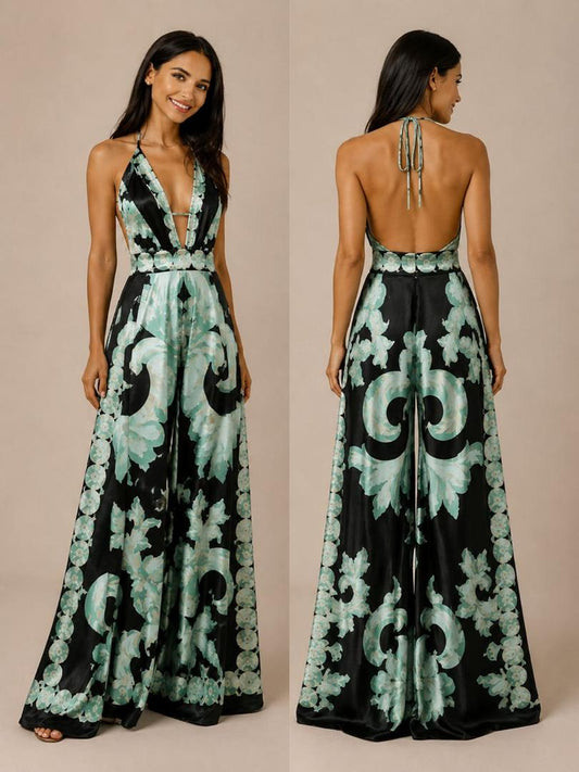 ‏Belvari Noir Bloom Halter Maxi Dress