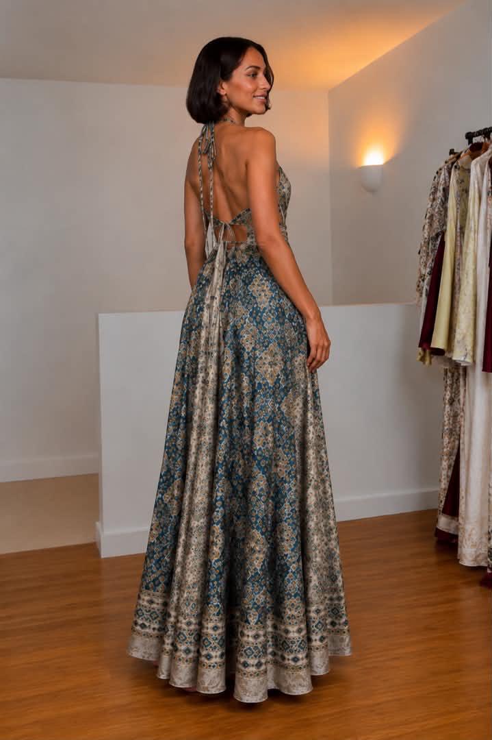 Belvari Azure Mosaic Halter Maxi Dress
