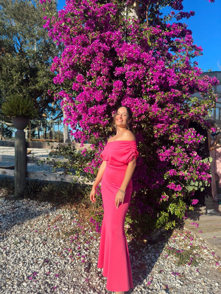 Off-the-Shoulder Pleated Bodycon Floor-length Dress Mulberry main image 1