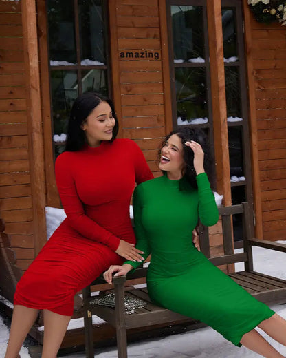 Belvari - Bodycon long sleeve Ruched Mesh Midi Dress