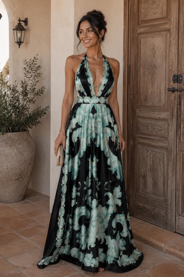 ‏Belvari Noir Bloom Halter Maxi Dress