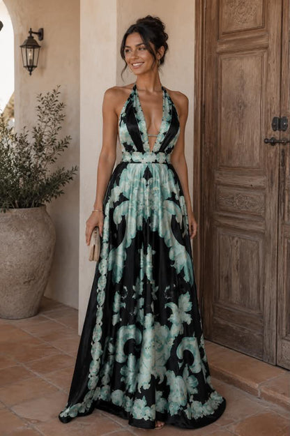 ‏Belvari Noir Bloom Halter Maxi Dress