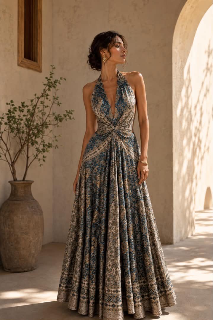 Belvari Azure Mosaic Halter Maxi Dress
