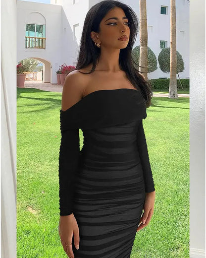 Belvari -  Ruffle Long Sleeve Off Shoulder Mini Dress