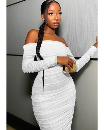 Belvari -  Ruffle Long Sleeve Off Shoulder Mini Dress