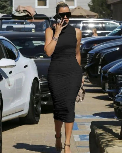 Balvari - Bodycon High Neck Ruched Midi Dress